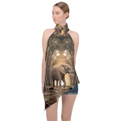 Sculpture Travel Outdoor Nature Elephant Halter Asymmetric Satin Top by Wegoenart