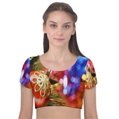 Christmas Decoration Ball Velvet Short Sleeve Crop Top  by artworkshop