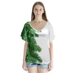 Green Christmas Tree Border V-neck Flutter Sleeve Top