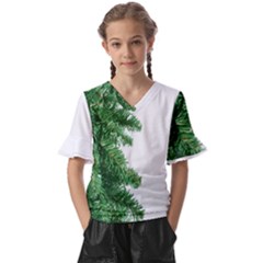 Green Christmas Tree Border Kids  V-neck Horn Sleeve Blouse by artworkshop