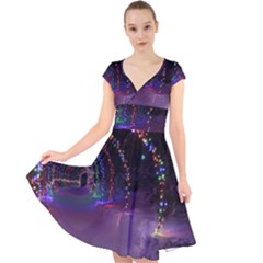 Outdoor Christmas Lights Tunnel Cap Sleeve Front Wrap Midi Dress