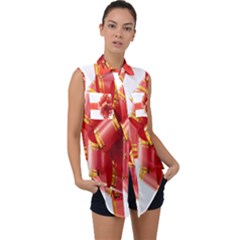 Red Ribbon Bow On White Background Sleeveless Chiffon Button Shirt