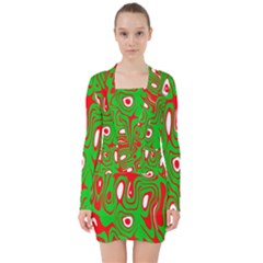 Red-green V-neck Bodycon Long Sleeve Dress by nateshop