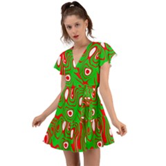 Red-green Flutter Sleeve Wrap Dress by nateshop