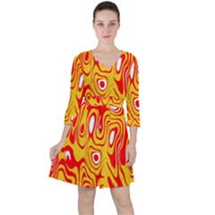 Red-yellow Quarter Sleeve Ruffle Waist Dress by nateshop