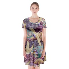 Textile Fabric Pattern Short Sleeve V-neck Flare Dress by nateshop