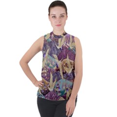 Textile Fabric Pattern Mock Neck Chiffon Sleeveless Top by nateshop