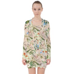 Tropical Fabric Textile V-neck Bodycon Long Sleeve Dress by nateshop