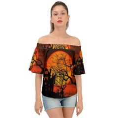 Night Full Moon Gespenstig Off Shoulder Short Sleeve Top by Wegoenart