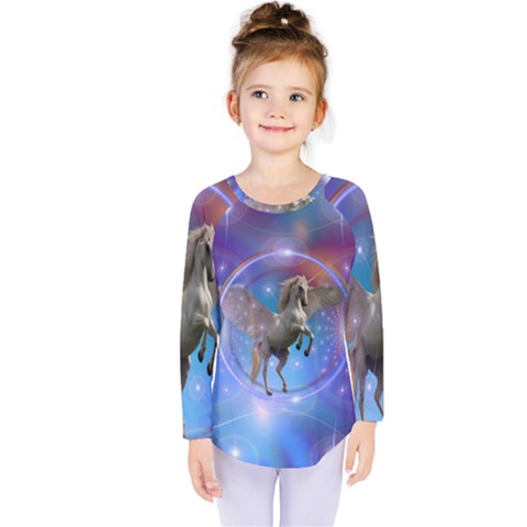 Unicorn Abstract Wave Line Kids  Long Sleeve Tee by Wegoenart