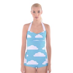 Clouds Blue Pattern Boyleg Halter Swimsuit 