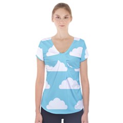 Clouds Blue Pattern Short Sleeve Front Detail Top