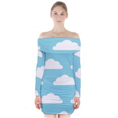 Clouds Blue Pattern Long Sleeve Off Shoulder Dress