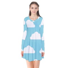 Clouds Blue Pattern Long Sleeve V-neck Flare Dress