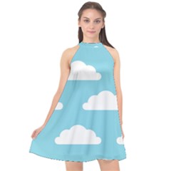 Clouds Blue Pattern Halter Neckline Chiffon Dress 