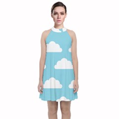 Clouds Blue Pattern Velvet Halter Neckline Dress 