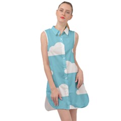 Clouds Blue Pattern Sleeveless Shirt Dress