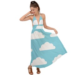 Clouds Blue Pattern Backless Maxi Beach Dress