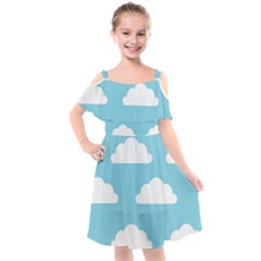 Clouds Blue Pattern Kids  Cut Out Shoulders Chiffon Dress