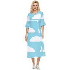 Clouds Blue Pattern Double Cuff Midi Dress