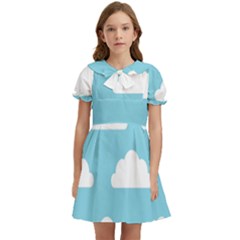 Clouds Blue Pattern Kids  Bow Tie Puff Sleeve Dress