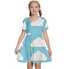 Clouds Blue Pattern Kids  Short Sleeve Tiered Mini Dress