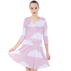 Clouds Pink Pattern   Quarter Sleeve Front Wrap Dress by ConteMonfrey