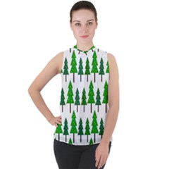 Chrismas Tree Greeen Mock Neck Chiffon Sleeveless Top by nateshop