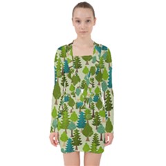 Seamless-forest-pattern-cartoon-tree V-neck Bodycon Long Sleeve Dress by nateshop