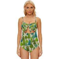 Seamless-forest-pattern-cartoon-tree Knot Front One-piece Swimsuit by nateshop