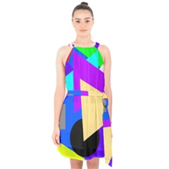 Shape Colorful Creativity Abstract Pattern Halter Collar Waist Tie Chiffon Dress