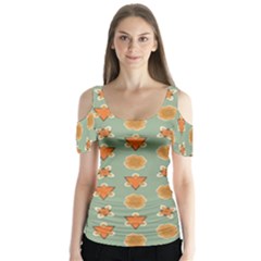 Wallpaper Background Floral Pattern Butterfly Sleeve Cutout Tee 