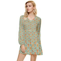 Wallpaper Background Floral Pattern Tiered Long Sleeve Mini Dress