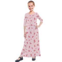 Grid Pattern Red Background Kids  Quarter Sleeve Maxi Dress