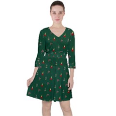 Christmas Background Green Pattern Quarter Sleeve Ruffle Waist Dress by Ravend