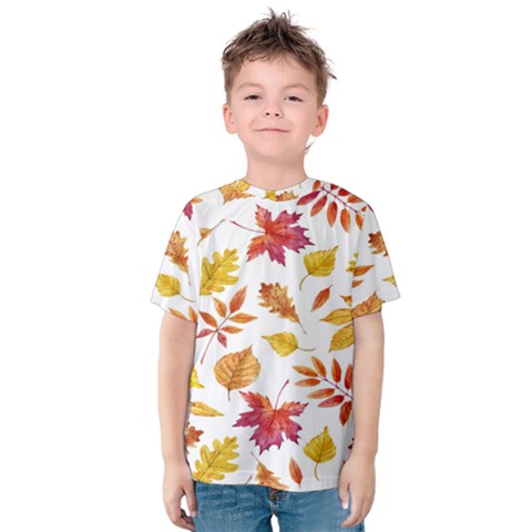 Watercolor-autumn-leaves-pattern-vector Kids  Cotton Tee by nateshop