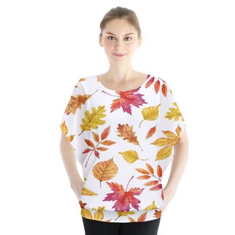 Watercolor-autumn-leaves-pattern-vector Batwing Chiffon Blouse by nateshop