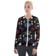 Christmas Thanksgiving Pattern Velvet Zip Up Jacket