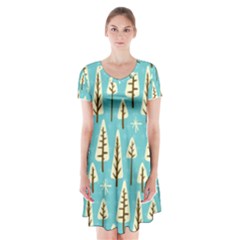 Vector-white-cartoon-trees-pattern Short Sleeve V-neck Flare Dress by nateshop