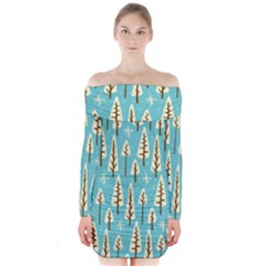 Vector-white-cartoon-trees-pattern Long Sleeve Off Shoulder Dress by nateshop