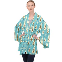 Vector-white-cartoon-trees-pattern Long Sleeve Velvet Kimono  by nateshop