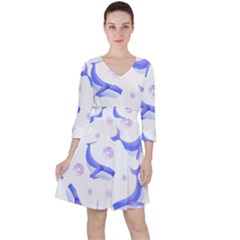 Whale Fish Sea Pattern Mammal Ocean Quarter Sleeve Ruffle Waist Dress