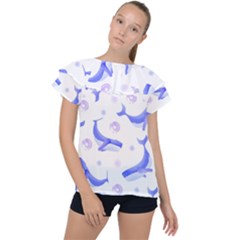 Whale Fish Sea Pattern Mammal Ocean Ruffle Collar Chiffon Blouse