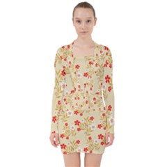 Illustration Pattern Flower Floral V-neck Bodycon Long Sleeve Dress