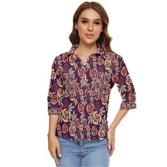 Illustration Flower Floral Nature Pattern Background Women s Quarter Sleeve Pocket Shirt