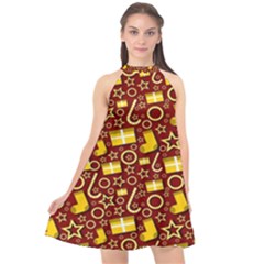 Pattern Paper Fabric Wrapping Halter Neckline Chiffon Dress 