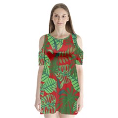 Leaves Pattern Red Green Nature Shoulder Cutout Velvet One Piece