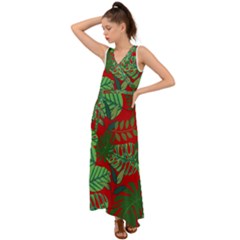 Leaves Pattern Red Green Nature V-neck Chiffon Maxi Dress