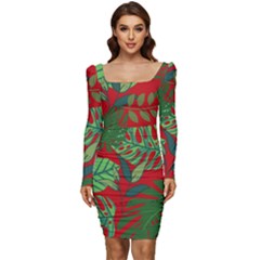 Leaves Pattern Red Green Nature Women Long Sleeve Ruched Stretch Jersey Dress by Wegoenart