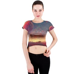 Fantasy World Red Bubbles Landscape Crew Neck Crop Top by Wegoenart